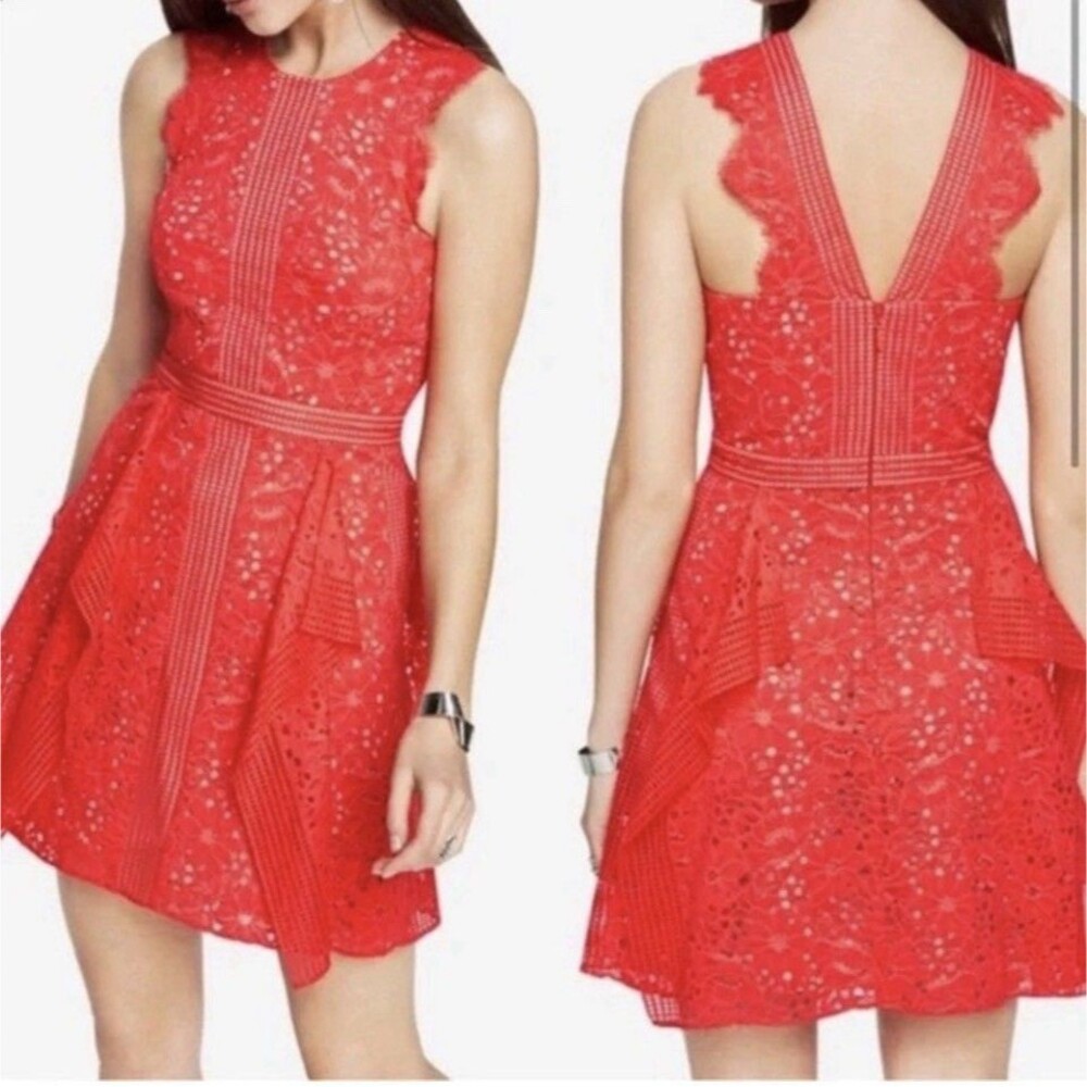 BCBGMAXAZRIA Ondina Floral Lace Over Mini Dress in Coral Red Size 0 XS
